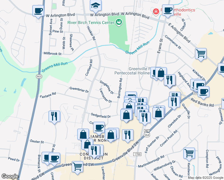 map of restaurants, bars, coffee shops, grocery stores, and more near 213 Singletree Drive in Greenville