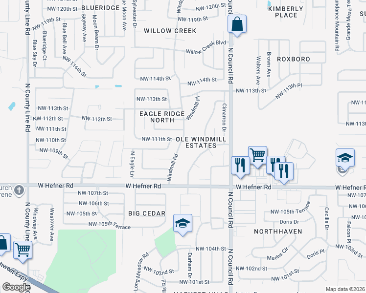 map of restaurants, bars, coffee shops, grocery stores, and more near 11120 Windmill Rd in Oklahoma City