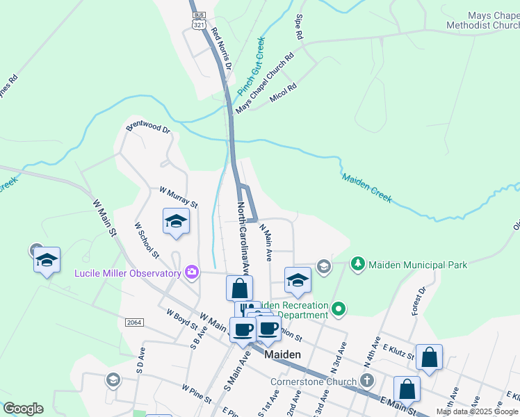 map of restaurants, bars, coffee shops, grocery stores, and more near 605 North Main Avenue in Maiden