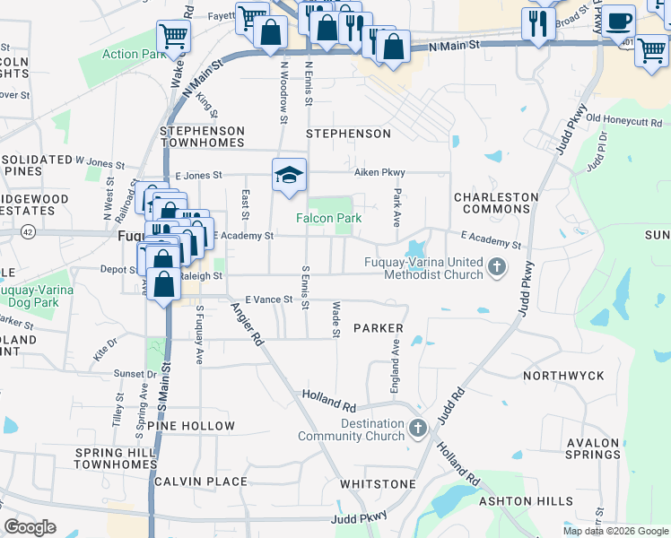 map of restaurants, bars, coffee shops, grocery stores, and more near 513 Raleigh Street in Fuquay-Varina