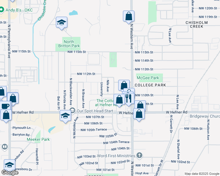 map of restaurants, bars, coffee shops, grocery stores, and more near 11210 Nile Avenue in Oklahoma City