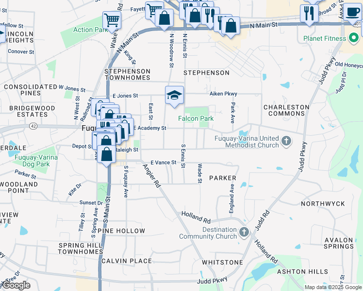 map of restaurants, bars, coffee shops, grocery stores, and more near 419 Raleigh St in Fuquay-Varina