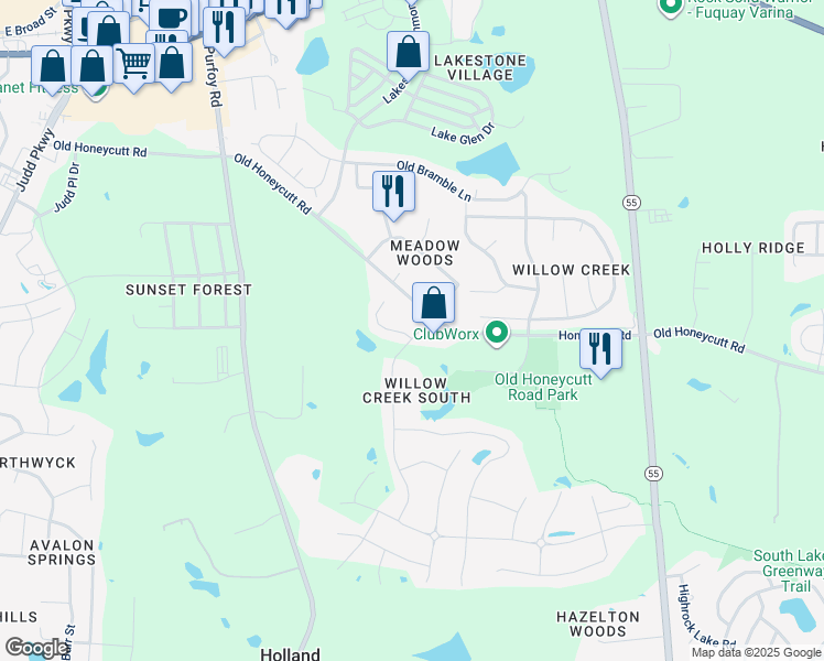 map of restaurants, bars, coffee shops, grocery stores, and more near 1655 Southcross Street in Fuquay-Varina