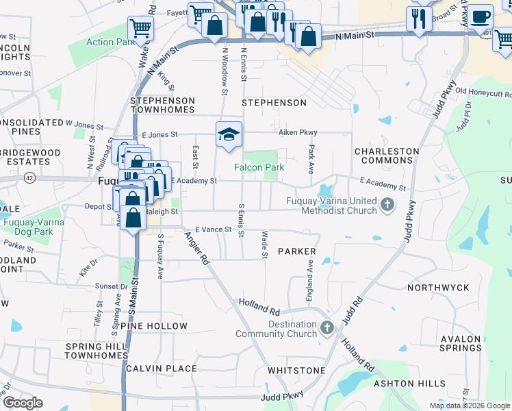 map of restaurants, bars, coffee shops, grocery stores, and more near 513 Raleigh Street in Fuquay-Varina