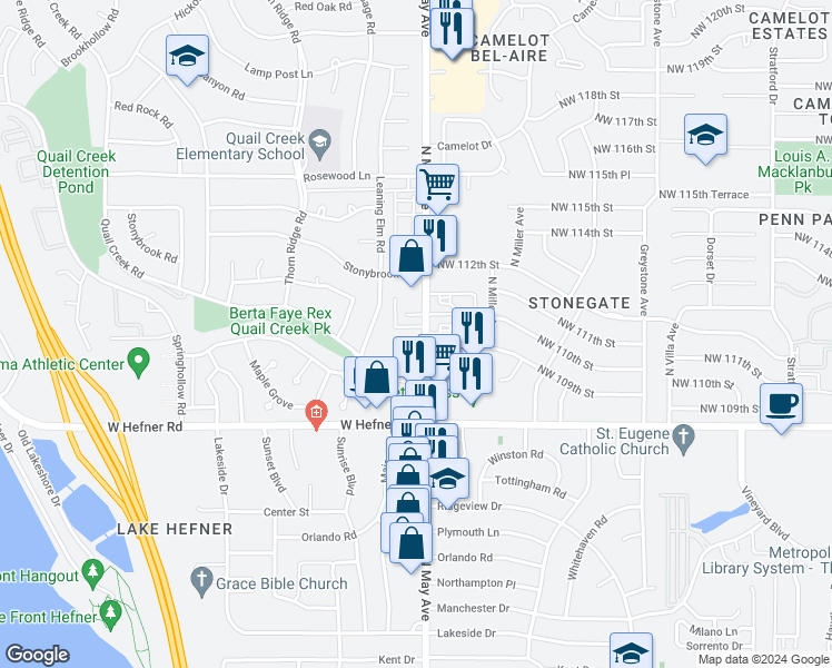 map of restaurants, bars, coffee shops, grocery stores, and more near 11121 North May Avenue in Oklahoma City