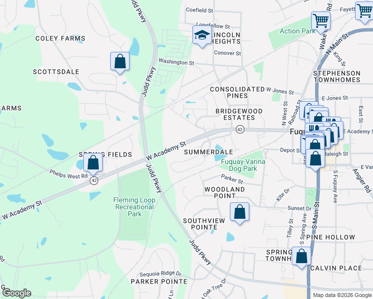 map of restaurants, bars, coffee shops, grocery stores, and more near 615 West Academy Street in Fuquay-Varina