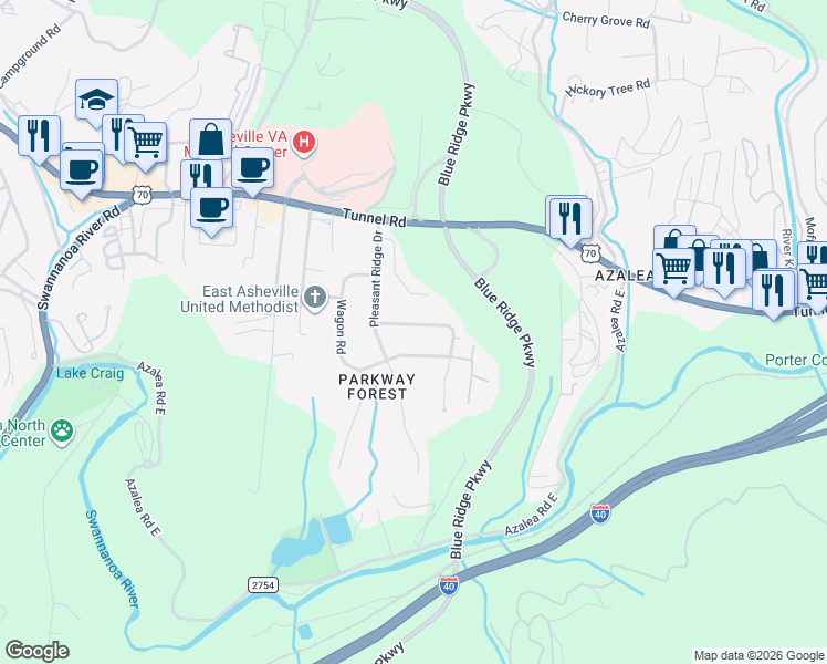 map of restaurants, bars, coffee shops, grocery stores, and more near 11 Looking Glass Lane in Asheville