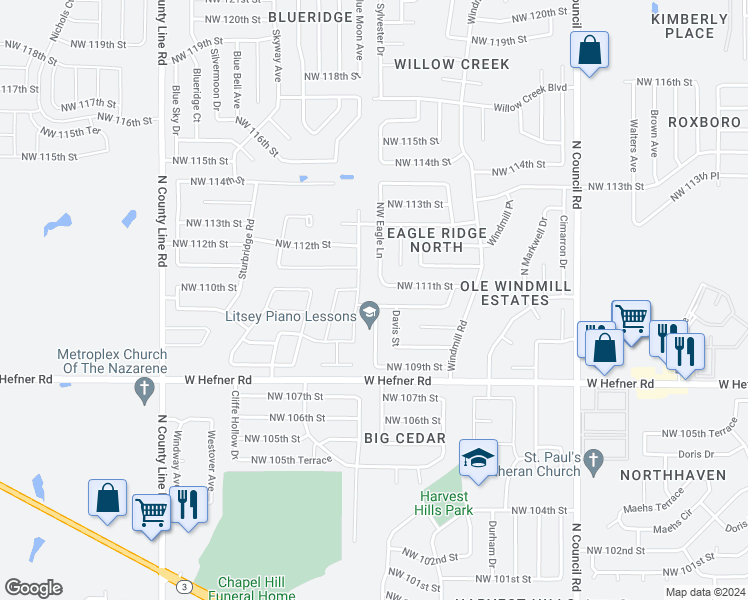 map of restaurants, bars, coffee shops, grocery stores, and more near 8421 Northwest 110th Terrace in Oklahoma City