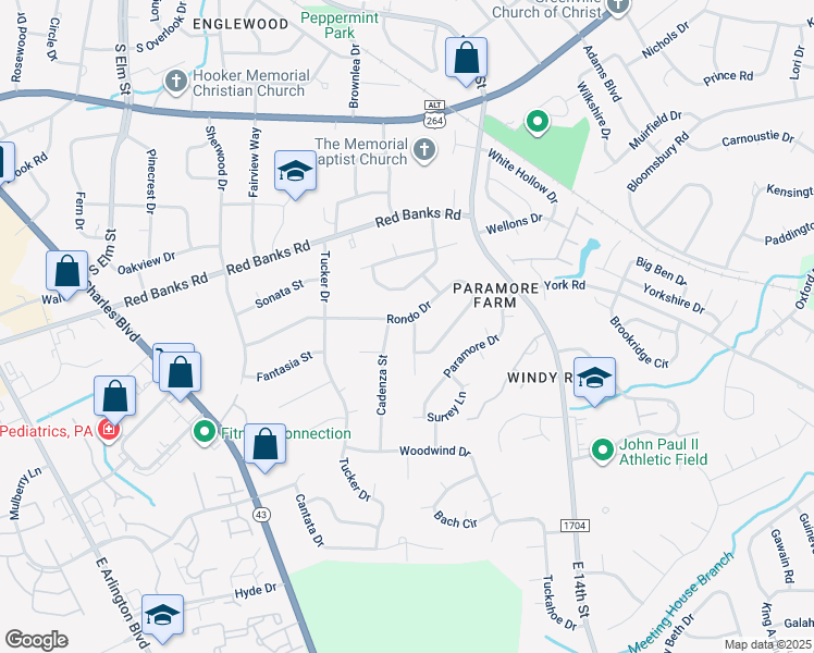 map of restaurants, bars, coffee shops, grocery stores, and more near 3300 Edwards Court in Greenville