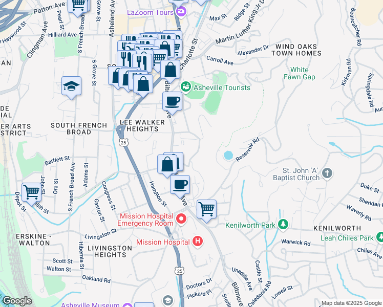 map of restaurants, bars, coffee shops, grocery stores, and more near 128 Florence Street in Asheville