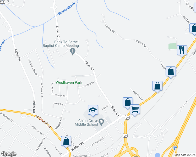 map of restaurants, bars, coffee shops, grocery stores, and more near 504 Shue Road in China Grove
