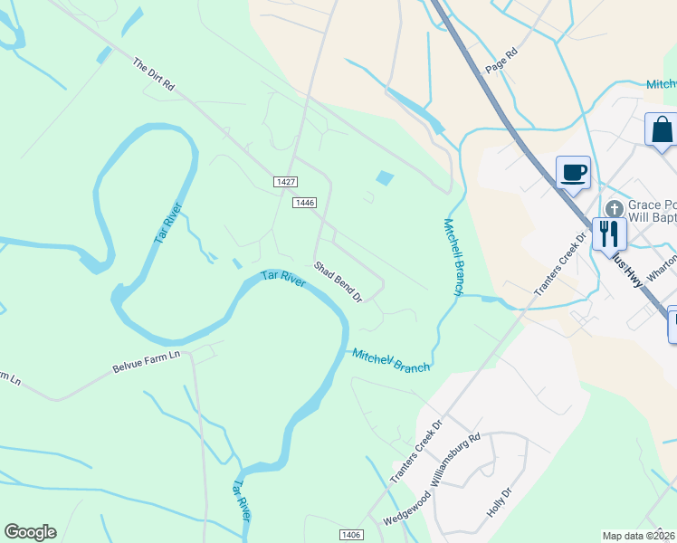 map of restaurants, bars, coffee shops, grocery stores, and more near 216 Shad Bend Drive in Washington