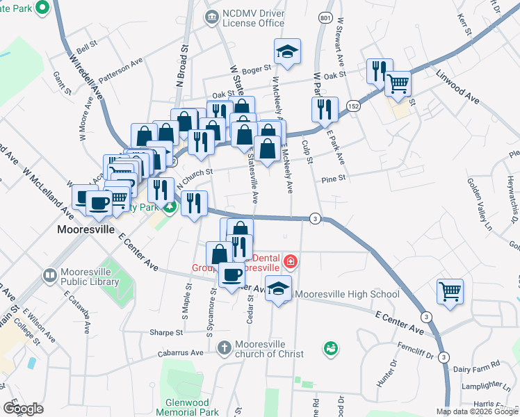 map of restaurants, bars, coffee shops, grocery stores, and more near 604 East Iredell Avenue in Mooresville