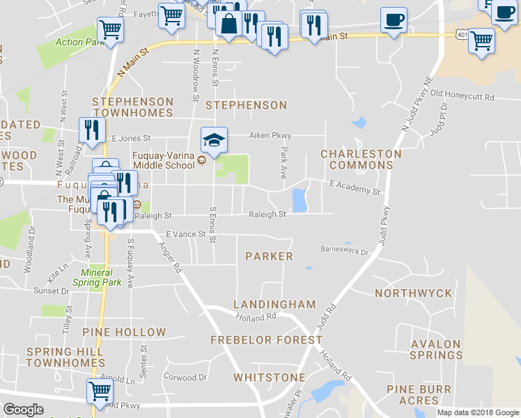 map of restaurants, bars, coffee shops, grocery stores, and more near 609 Raleigh St in Fuquay-Varina