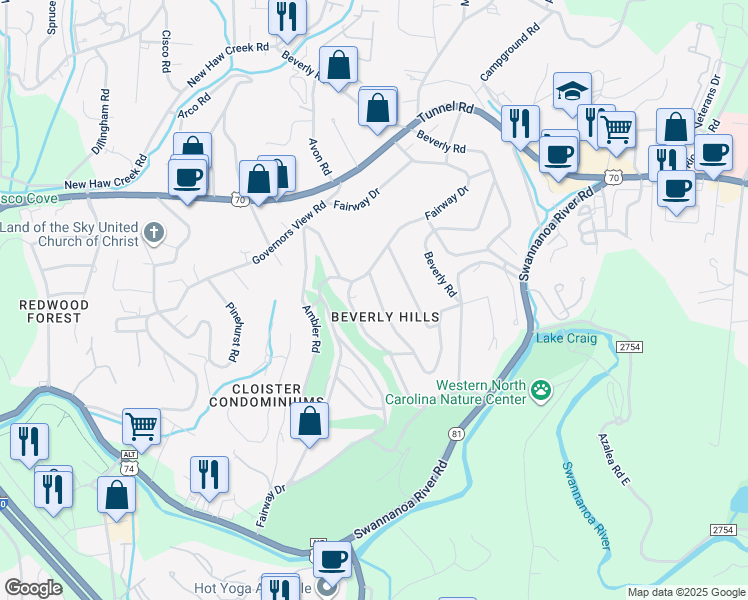 map of restaurants, bars, coffee shops, grocery stores, and more near 11 Canterbury Road in Asheville
