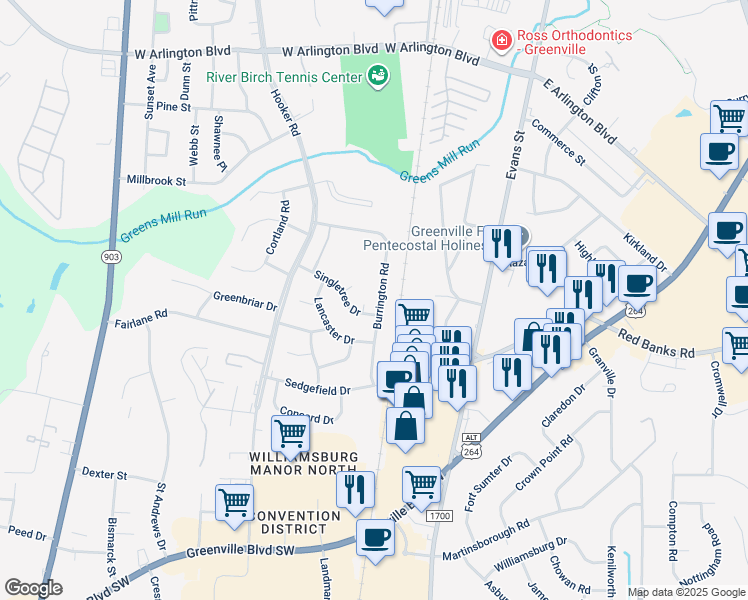 map of restaurants, bars, coffee shops, grocery stores, and more near 301 Burrington Road in Greenville