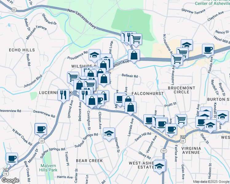 map of restaurants, bars, coffee shops, grocery stores, and more near 64 Mitchell Avenue in Asheville