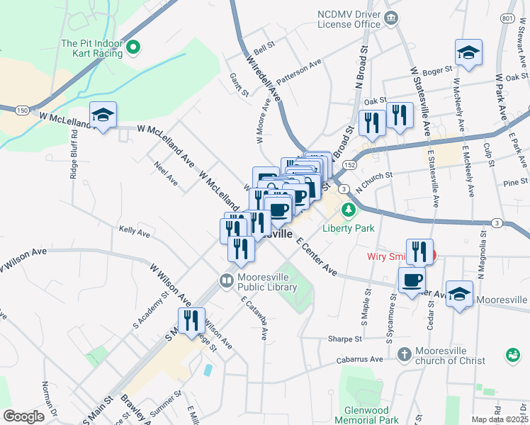 map of restaurants, bars, coffee shops, grocery stores, and more near 236 West Center Avenue in Mooresville