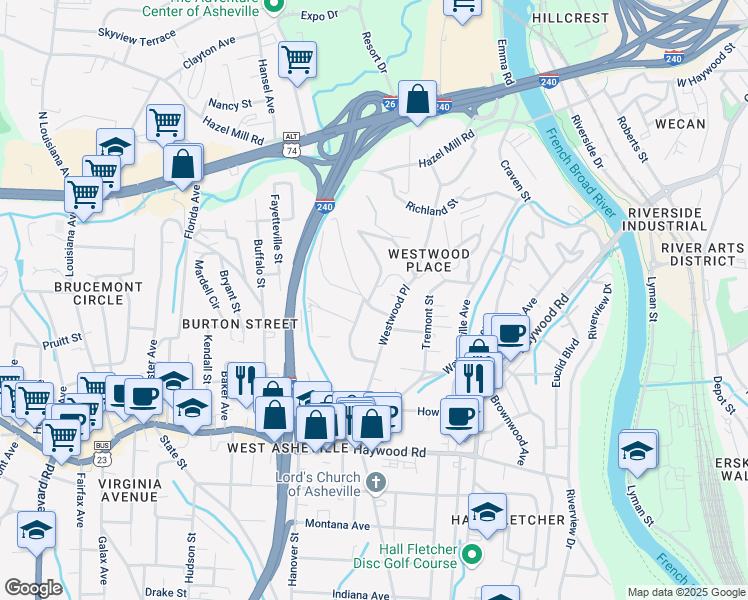 map of restaurants, bars, coffee shops, grocery stores, and more near 30 Vandalia Avenue in Asheville