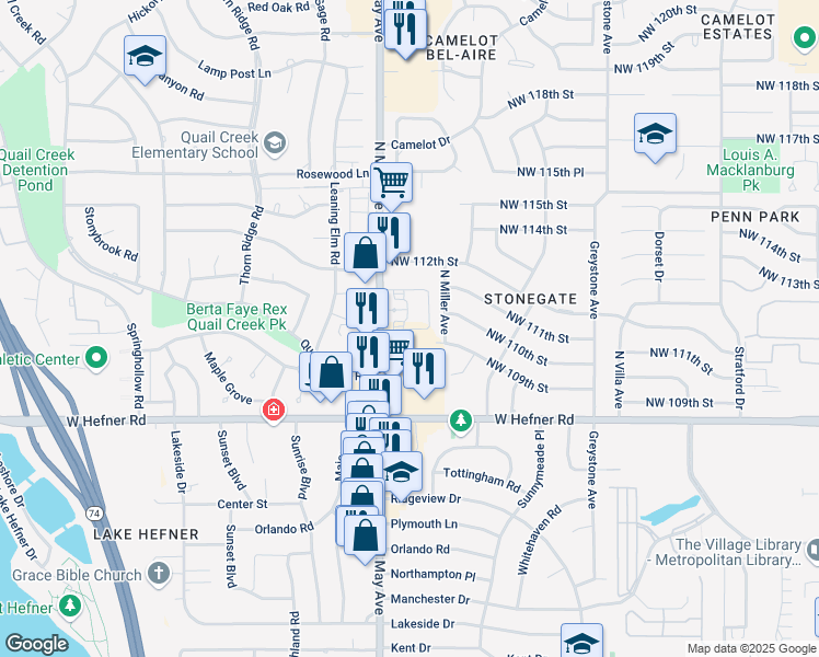 map of restaurants, bars, coffee shops, grocery stores, and more near 10958 North May Avenue in Oklahoma City