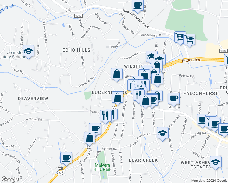 map of restaurants, bars, coffee shops, grocery stores, and more near 1 Eola Avenue in Asheville
