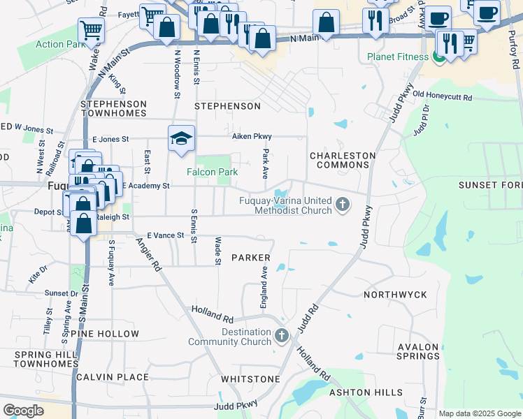 map of restaurants, bars, coffee shops, grocery stores, and more near 105 Parker Drive in Fuquay-Varina