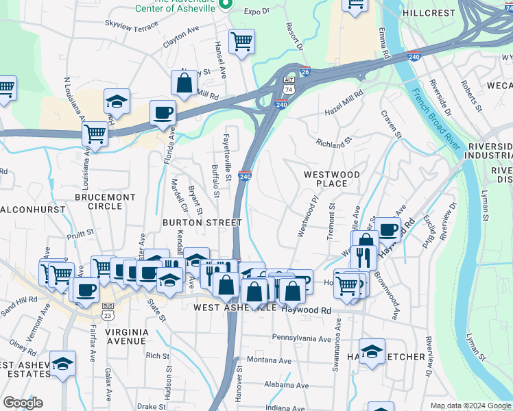 map of restaurants, bars, coffee shops, grocery stores, and more near 45 Wilmington Street in Asheville