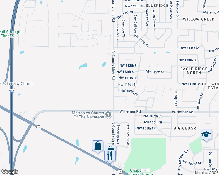 map of restaurants, bars, coffee shops, grocery stores, and more near 11025 North County Line Road in Yukon