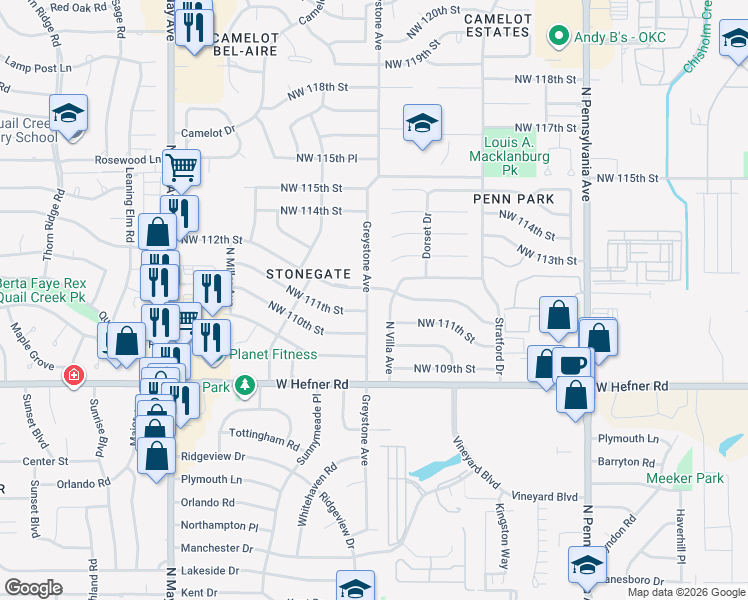 map of restaurants, bars, coffee shops, grocery stores, and more near 11204 Greystone Avenue in Oklahoma City