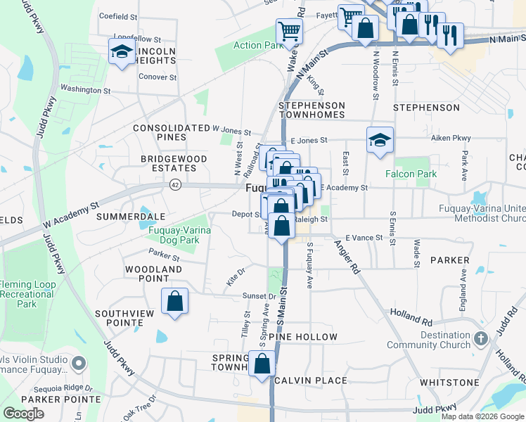 map of restaurants, bars, coffee shops, grocery stores, and more near 142 Spring Avenue in Fuquay-Varina