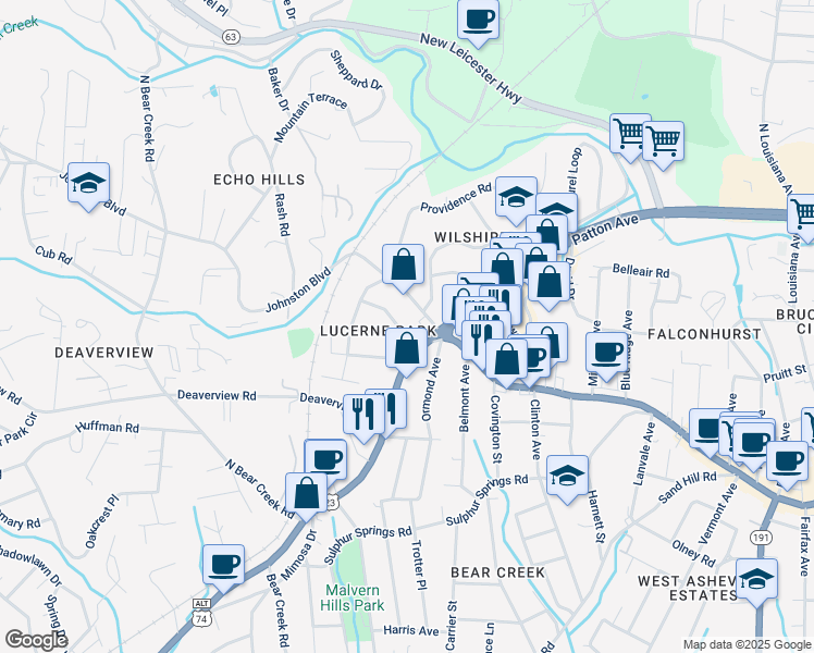 map of restaurants, bars, coffee shops, grocery stores, and more near 29 Lucerne Avenue in Asheville