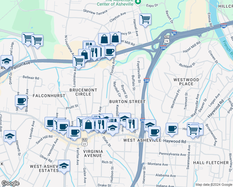 map of restaurants, bars, coffee shops, grocery stores, and more near 32 Mardell Circle in Asheville