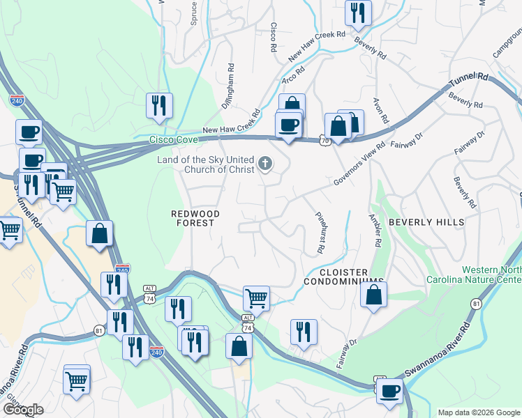 map of restaurants, bars, coffee shops, grocery stores, and more near 86 Overbrook Road in Asheville