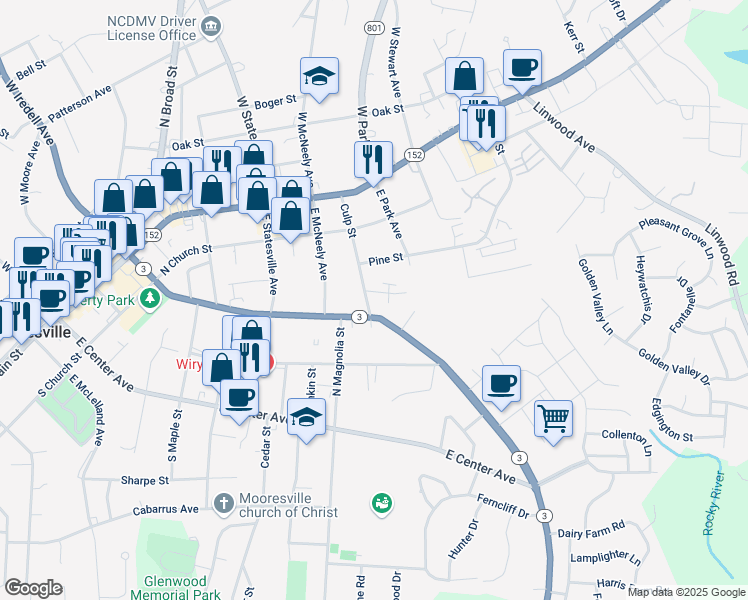 map of restaurants, bars, coffee shops, grocery stores, and more near 719 Dogwood Lane in Mooresville