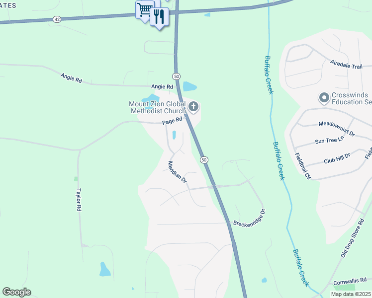 map of restaurants, bars, coffee shops, grocery stores, and more near 264 Meridian Drive in Garner