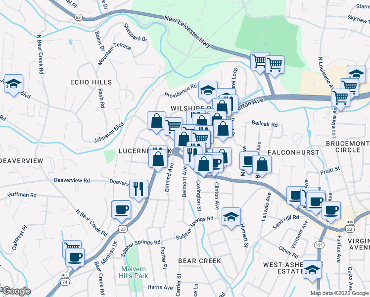 map of restaurants, bars, coffee shops, grocery stores, and more near 1360 Patton Avenue in Asheville