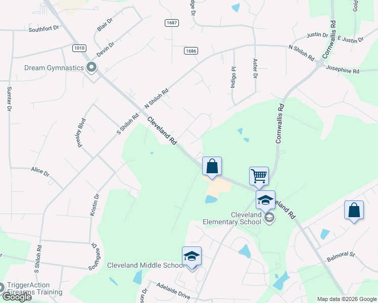 map of restaurants, bars, coffee shops, grocery stores, and more near 10666 Cleveland Road in Garner