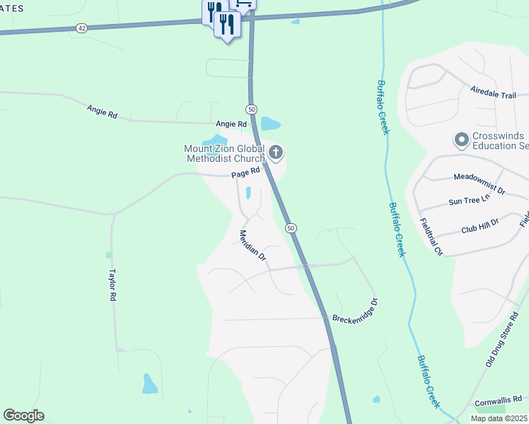 map of restaurants, bars, coffee shops, grocery stores, and more near 264 Meridian Drive in Garner