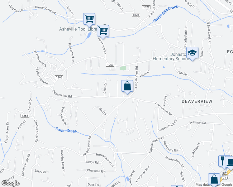 map of restaurants, bars, coffee shops, grocery stores, and more near 2 Cedar Hill Circle in Asheville