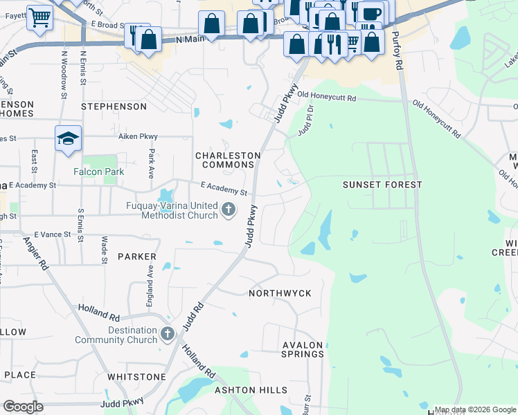 map of restaurants, bars, coffee shops, grocery stores, and more near 1165 Hodgson Lane in Fuquay-Varina