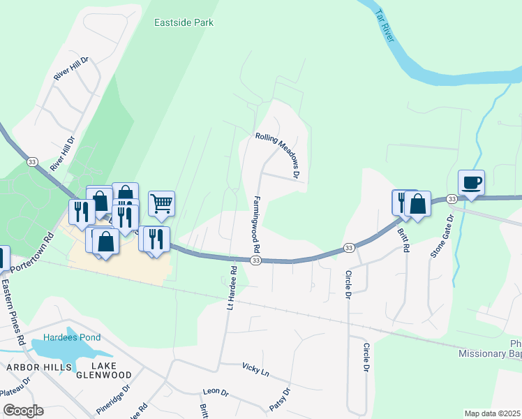 map of restaurants, bars, coffee shops, grocery stores, and more near 403 Farmingwood Road in Greenville