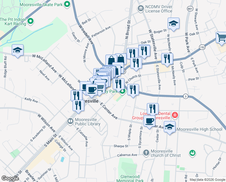 map of restaurants, bars, coffee shops, grocery stores, and more near 20 South Church Street in Mooresville