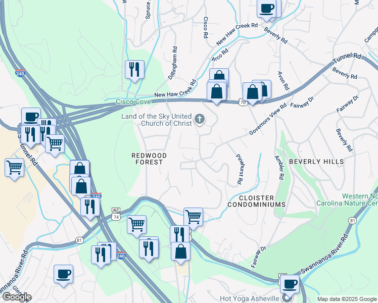 map of restaurants, bars, coffee shops, grocery stores, and more near 7 Violet Hill Circle in Asheville