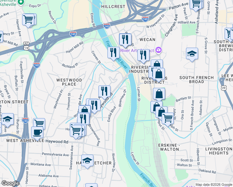 map of restaurants, bars, coffee shops, grocery stores, and more near 12 Riverlink Lane in Asheville