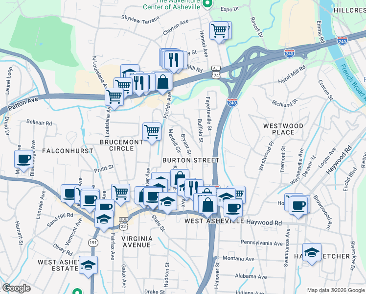 map of restaurants, bars, coffee shops, grocery stores, and more near 21 Mardell Circle in Asheville
