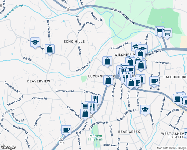 map of restaurants, bars, coffee shops, grocery stores, and more near 44 Eola Avenue in Asheville