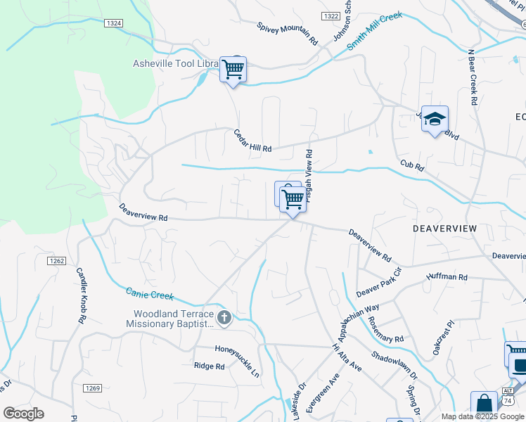 map of restaurants, bars, coffee shops, grocery stores, and more near 499 Deaverview Road in Asheville