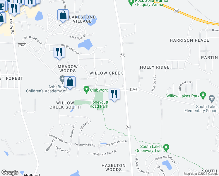 map of restaurants, bars, coffee shops, grocery stores, and more near 136 North Honey Springs Avenue in Fuquay Varina