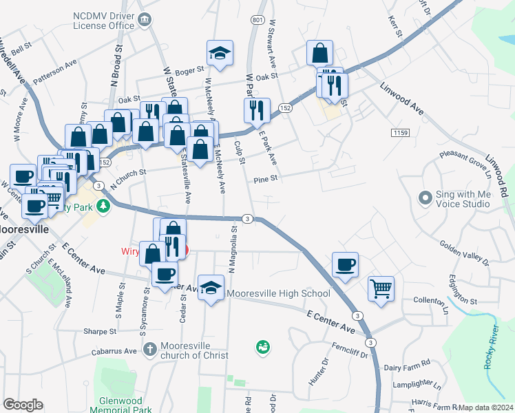 map of restaurants, bars, coffee shops, grocery stores, and more near 334 Culp Street in Mooresville