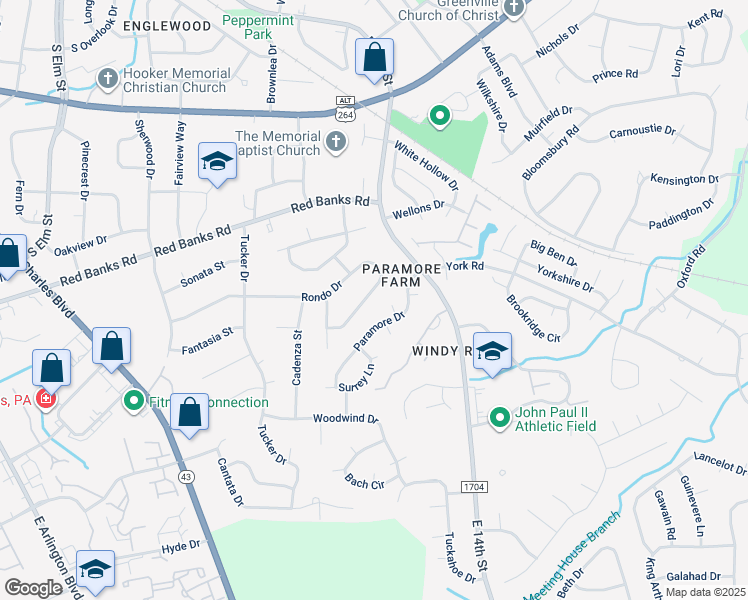 map of restaurants, bars, coffee shops, grocery stores, and more near 1727 Rondo Drive in Greenville